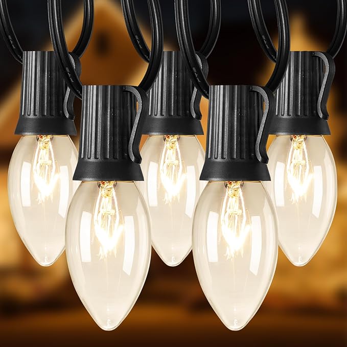 50 Feet C9 Bulb String Lights Outdoor Warm White Clear Christmas Lights Black Wire for Outdoor Patio Room Christmas Party Backyard Decoration, 50 Bulbs