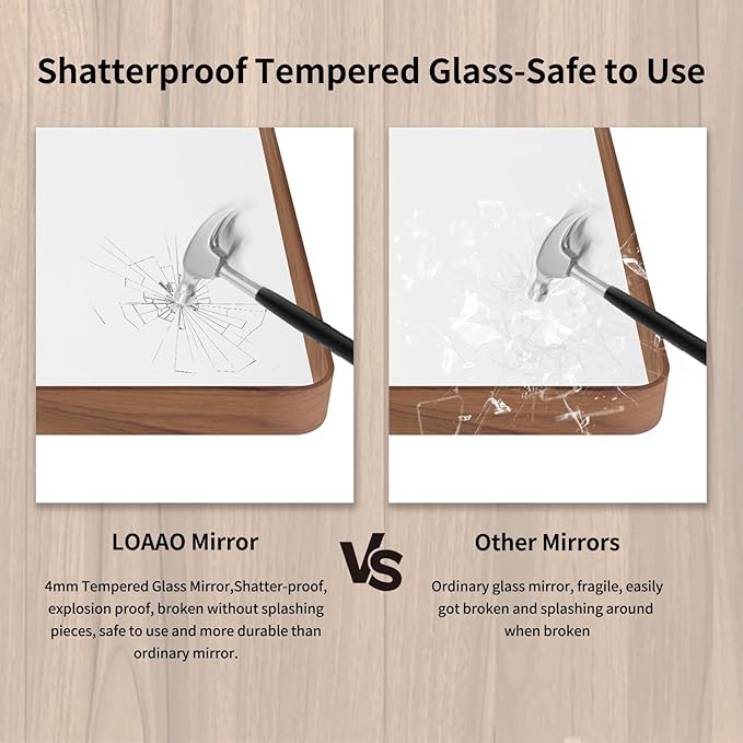 LOAAO 60X28 Inch Bathroom Mirror with Wood Grain Colored Metal Frame, Rounded Rectangle Metal Framed Bathroom Mirror, Anti-Rust, Hangs Horizontally or Vertically, Tempered Glass