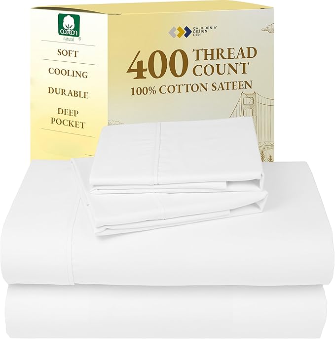 California Design Den King Bed Sheets Set - Soft 400 Thread Count Sateen, 100% Cotton Sheets, Deep Pockets with All Around Elastic for a Snug Fit, Cool & Durable Bedding Set - Antique White