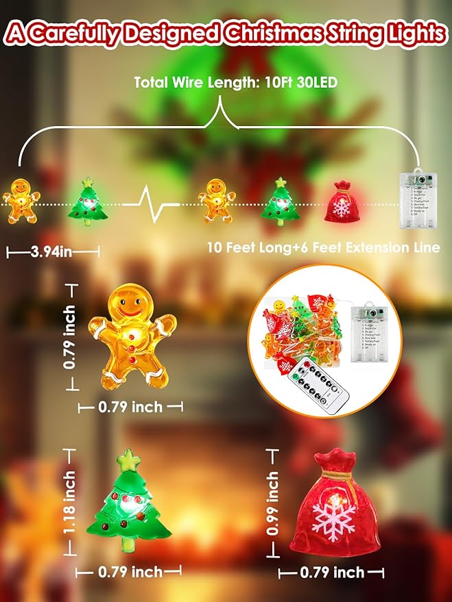 Christmas Fairy Lights Battery Operated with Remote, 10FT 30 LED Gingerbread Man Christmas Tree Lucky Bag String Lights with 8 Modes & Timer, Twinkle Lights for Outdoor Indoor Party Xmas Decorations