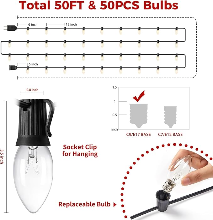 50 Feet C9 Bulb String Lights Outdoor Warm White Clear Christmas Lights Black Wire for Outdoor Patio Room Christmas Party Backyard Decoration, 50 Bulbs