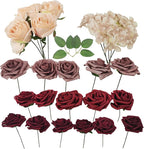 Artificial Fake Flowers 26pcs Roses, Mixed White & Burgundy Faux Flower for DIY Wedding Bouquet Bridal Shower Centerpieces Floral Arrangements Party Table Home Decorations