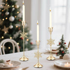 3 Pcs Christmas Candle Holders 3 Size Gold Taper Candlestick Holders Set Vintage Decorative Centerpiece for Table Mantel Wedding Housewarming Thanksgiving Gifts (Snowflake)