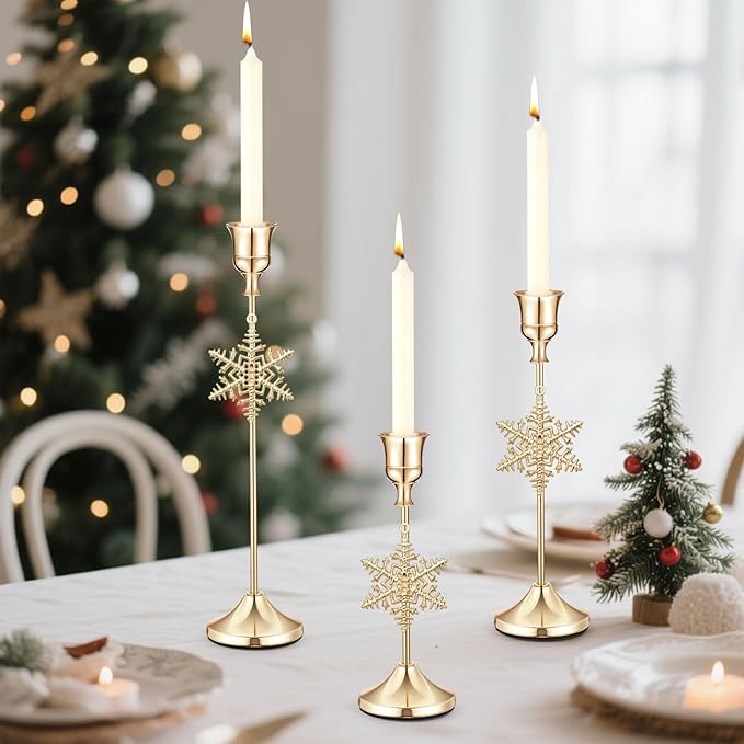3 Pcs Christmas Candle Holders 3 Size Gold Taper Candlestick Holders Set Vintage Decorative Centerpiece for Table Mantel Wedding Housewarming Thanksgiving Gifts (Snowflake)