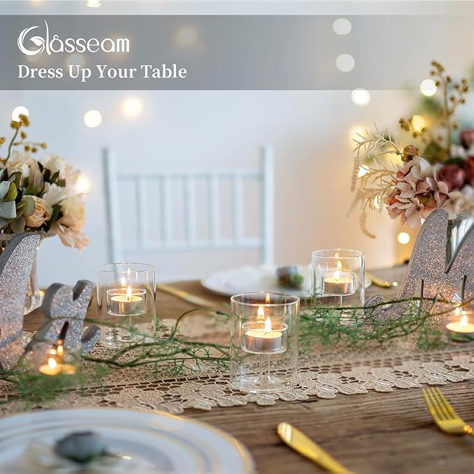 Glasseam Tea Lights Candle Holder: Set of 12 Decorative Modern Clear Glass Cylinder Candle Holders for Table Wedding Centerpiece Birthday Party Decorations