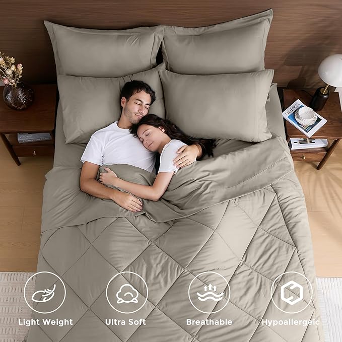 HEVUMYI Oatmeal Twin Comforter Set - 5-Piece All Season Bed in a Bag Twin, Ultra Soft Bedding Set with Comforter, Flat Sheet, Fitted Sheet, Pillowcases, Pillow Shams