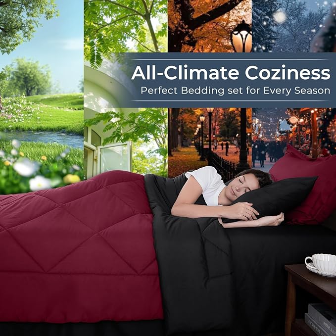 HEVUMYI Red & Black Twin Comforter Set - 5-Piece All Season Bed in a Bag Twin, Ultra Soft Burgundy Bedding Set with Comforter, Flat Sheet, Fitted Sheet, Pillowcases, Pillow Shams, Burgundy Red & Black