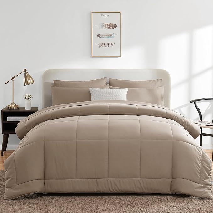 CozyLux Full Size Comforter Sets Khaki, 7 Pieces Bed in a Bag, Khaki Comforter Full Size, All Season Bedding Sets with Stitch Quilted Comforter, Flat Sheet, Fitted Sheet, Pillowcases