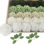 Artificial Fake Flowers 25pcs Roses, Shade of Light Green Foam Rose Faux Flower for DIY Wedding Bouquets Bridal Shower Centerpieces Floral Arrangements Party Tables Home Decorations