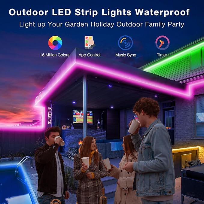 Outdoor LED Strip Lights Waterproof, 200ft IP67 Waterproof LED Light Strips with Remote, App Control, Music Sync RGB Exterior LED Rope Lights for Eaves, Roof, Balcony, Deck, Pool, Outdoor Decorations