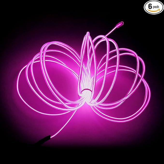 MaxLax EL Wire Pink, 16.4ft/5m Portable Battery Pack Neon Light Strip 360° Cuttable Glowing Rope Lights for Parties, Halloween, DIY Decoration