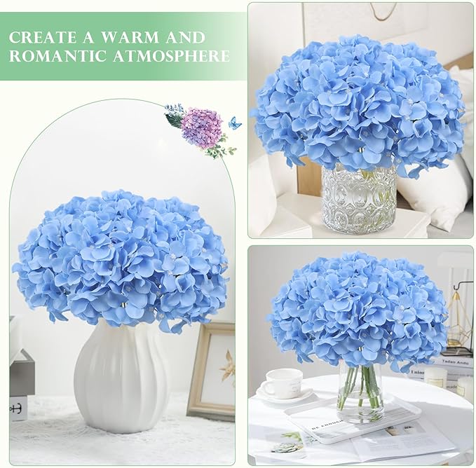 AVIVIHO Blue Hydrangea Artificial Flowers Bulk Pack of 10 Fluffy Fake Hydrangeas Silk Flower with Stems for Home Wedding Party Floral Decor Table Centerpieces Home Spring Festival Decoration