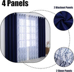 BONZER Mix and Match Curtains - 2 Pieces Branch Print Sheer Curtains and 2 Pieces Blackout Curtains for Bedroom Living Room Grommet Window Drapes, 54x95 Inch/Panel, Indigo, Set of 4 Panels