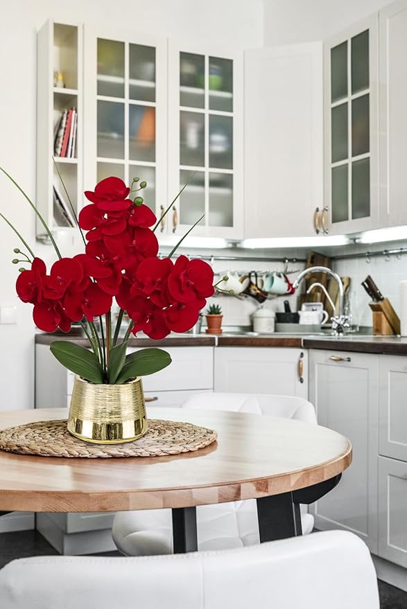 Artificial Red Phalaenopsis Orchid Flower Arrangements Faux Orchid Flower in Gold Pot Orchids Centerpiece for Dining Room Table