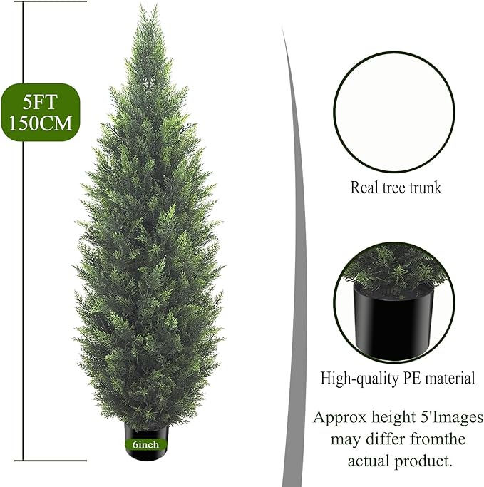 5FT Artificial Cedar Topiary Tree Lifelike Faux Cedar Pines Christmas Trees UV Rated Faux Shrubs Everygreen Plants for Front Porch Outdoor Decor Set of 2