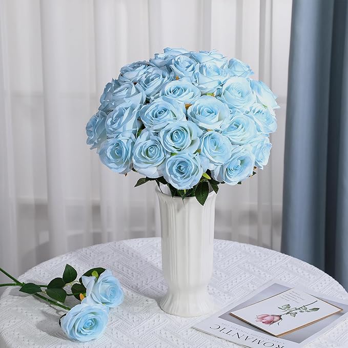 32 Pcs Ice Blue Artificial Roses Fake Flowers, Silk Flowers with Stems for DIY Wedding Bridal Shower Centerpieces Arrangements Tables Decorations