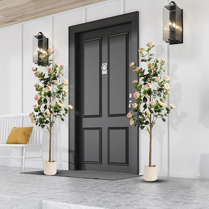 6FT Artificial Camellia Tree with White Planter & Pebbles,Faux Flower Tree with Lifelike Leaves and Realistic Trunk,Tall Fake Potted Plant for Home Décor Indoor Outdoor. (White, 6FT)