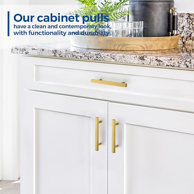 JOY DECOR 30 Pack 4 Inch Brushed Brass Square Cabinet Handles Stainless Steel Cabinet Hardware Pulls for Kitchen and Drawers with 6-2/5 Inch Overall Length