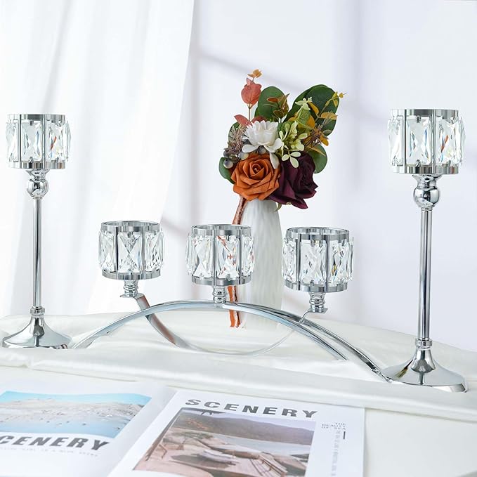 3 Arms Crystal Candle Holders, Arch Candlestick Table Candelabras Centerpieces for Wedding, Dinning Room, Cabinet Ornaments, Home Decoration， Gift (3-arm Arched Set, Silver)