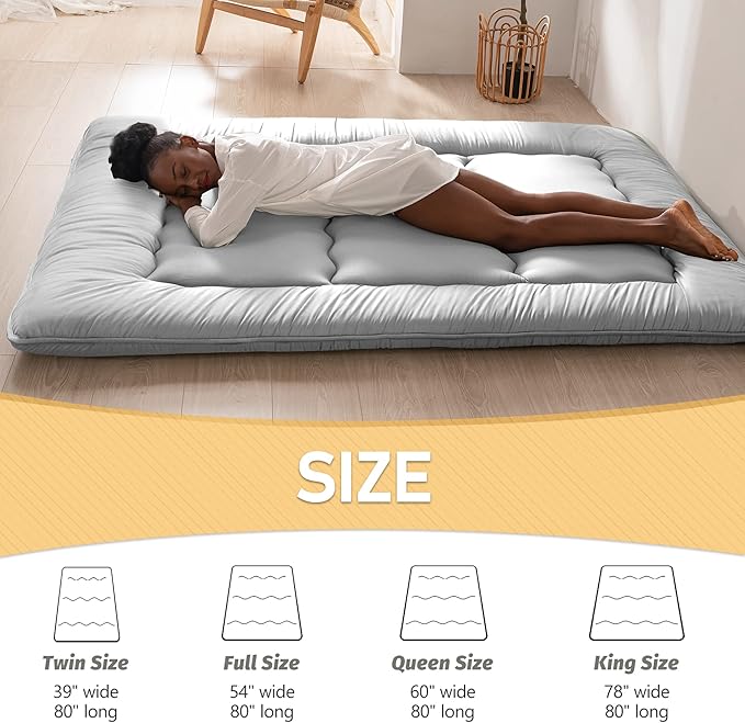 MAXYOYO Japanese Floor Mattress Futon Mattress, Thicken Daybed Sleeping Pad Foldable Roll Up Boys Girls Dormitory Kids Lounger Bed Couch and Sofa, Grey, Full