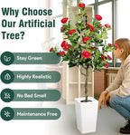 Artificial Camellia Tree 5FT, Red Flower Tree in White Pot, Faux Outdoor Indoor Plant, Potted Artificial Flower for Home Office Housewarming Porch Decor (61'' Height)