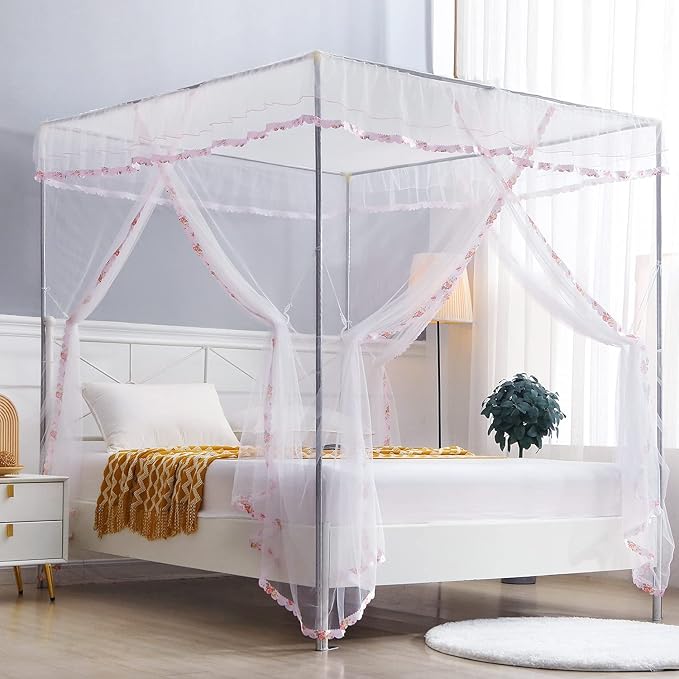 Canopy Bed Curtains Full - 4 Corner Canopy for Beds, Bed Canopy for Girls Adult, Bedroom Decor (Full Size, White)