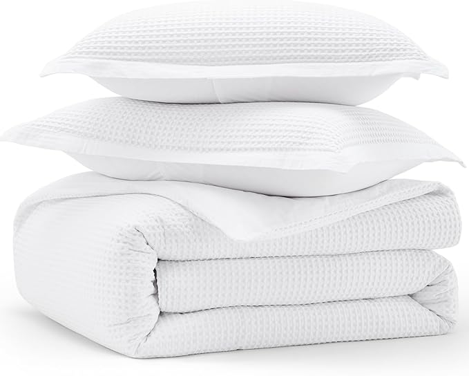 Bedsure Cotton Duvet Cover Set - 100% Cotton Waffle Weave Bright White Duvet Cover California King Size, GentleSoft™ and Breathable Cal King Bedding Set for All Season, 3 Pieces, 104"x98"