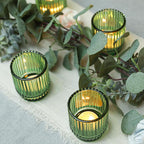 Vintage Ribbed Green Glass Tealight & Votive Candle Holders (Set of 6), Wedding Bridal Shower Party Table Decor, Fall Decor, Boho Decor, Shelf Decoration