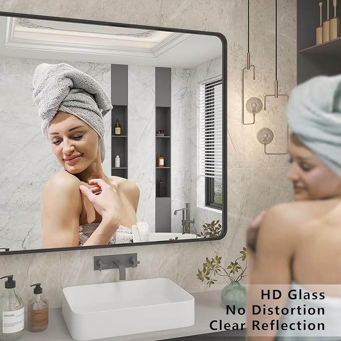60x36 Matte Black Bathroom Mirror, Modern Rectangle Metal Framed Mirrors for Wall, Rounded Corners, Shatter-Proof (Horizontal/Vertical)