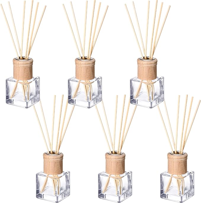 Roshtia 6 Set Reed Diffuser Bottle Empty Refillable Fragrance Glass Diffuser Bottles with Wooden Caps Rattan Sticks 50ml 1.7 oz Square Glass Jars for DIY Fragrance
