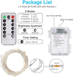 Homemory 4 Pack 20 Ft 60 LED Fairy Lights Battery Operated String Lights with Remote Waterproof 8 Modes Firefly Twinkle Christmas Lights for Party Bedroom Wedding Decorations(Cool White)