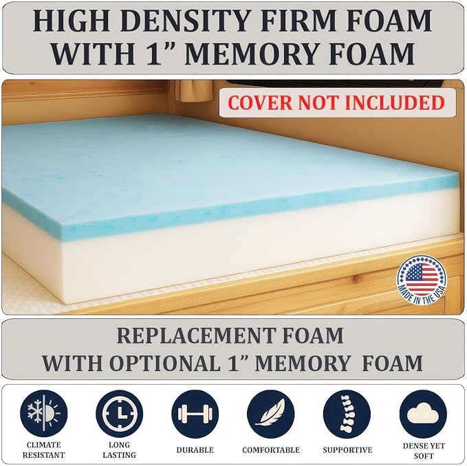 Foamma 10” x 36” x 76” Truck, Camper, RV Travel Visco Gel Memory Foam Bunk Mattress Replacement, Made in USA, Comfortable, Travel Trailer, CertiPUR-US Certified, Cover Not Included