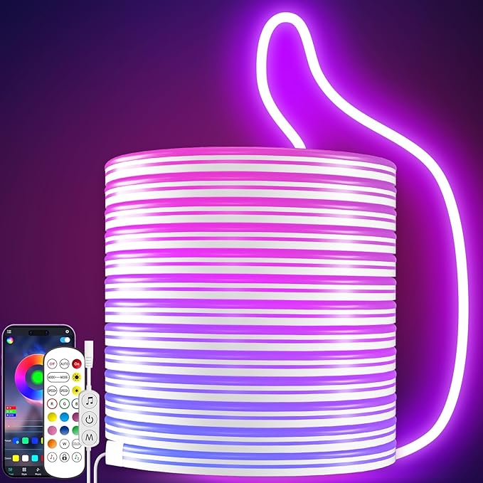 LED Neon Rope Lights, 16.4ft RGB LED Light Strip, 24V Music Sync App/Remote Control DIY Rope Light, IP67 Waterproof Gaming Neon Strip Lights for Bedroom Indoor Oudoor Décor