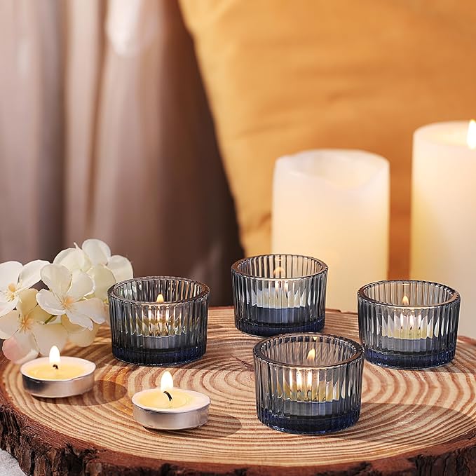 30Pcs Blue Tealight Candle Holder, Ribbed Votive Candle Holders Glass with 32pcs Tea Light Candles for Wedding Decor, Home Decor and Party Decor