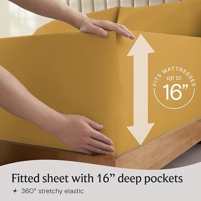 LuxClub 4 PC Queen Sheet Set, Deep Pockets Wrinkle Free Cooling Bed Sheets Hotel Bedding for Women, Men, Kids & Teens, Includes 1 Fitted Sheet, 1 Flat Sheet and 2 Pillowcases - Medallion Gold