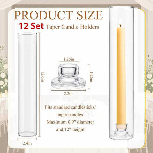 12 Set Glass Hurricane Candle Holders 11.8" Open Ended Glass Candleholder Tube Shape Bottomless and 1.26" Taper Clear Candlestick Holders for Wedding Party Table Centerpiece