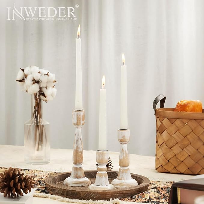 Wooden Taper Candle Holders: Wood Candlestick Holders Rustic Farmhouse Fall Decor for Living Room Dinning Table Centerpiece Christmas Set of 3