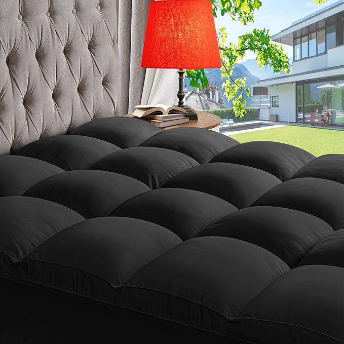 ABENE Mattress Topper for Back Pain Relief, Extra Thick Mattress Pad Pillowtop, Soft Mattress Protector Cover with 8"-21" Deep Pocket, Overfilled Down Alternative Filling (Black, Short Queen)