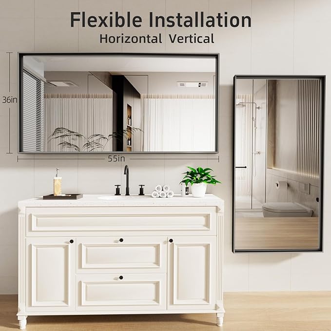 55”x 36” Black Bathroom Mirrors for Over Sink, Metal Framed Rectangle Mirror, Large Modern Wall Vanity Mirror, Mirrors for Wall Decor Living Room Bedroom Entryway (Horizontal/Vertical)
