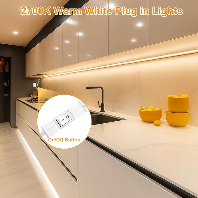 maylit Under Cabinet Strip Lighting Plug in 24in, Ultra Bright Small LED Light Bar, 2700K Warm White, Wired Lights for Kitchen Cabinet, Counter, Workbench, Desk, Closet, Shelf, Indoor