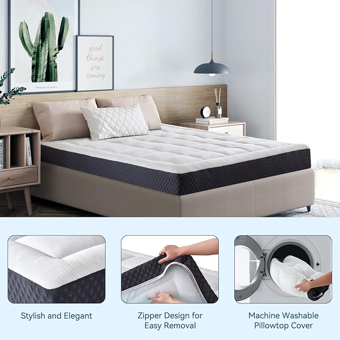 6 Inch Queen Size Mattress in a Box, Breathable Cooling Gel Memory Foam Removable Pillow-Top Mattress, CertiPUR-US Certified, Fiberglass-Free, Medium Firm Support, Ergonomic Design for Pressure Relief