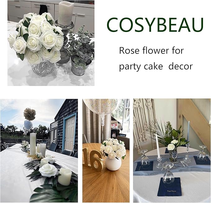 25 PCS Ivory Artificial Flowers Fake Roses with Stem, Fake Rose for Crafts Bouquets for DIY Wedding Decorations Centerpieces Arrangements Party Home Cofe Decor