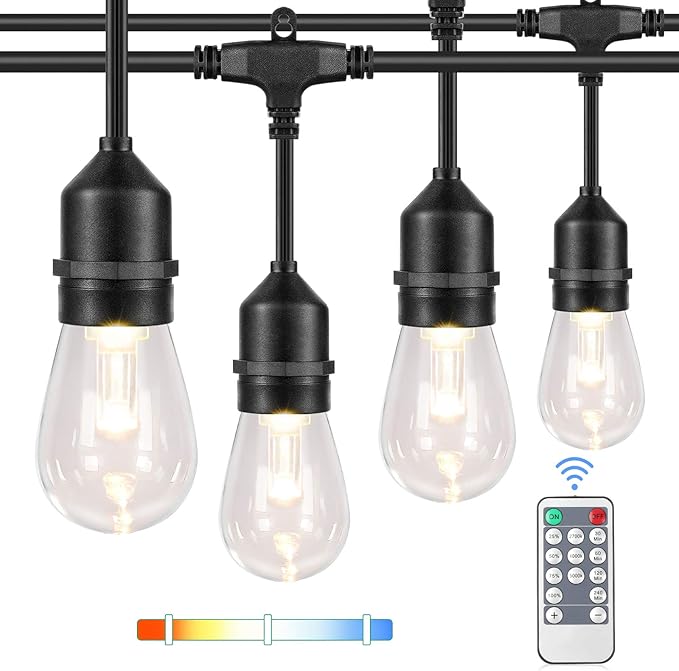 3 Color Dimmable LED Outdoor String Lights with Remotes, 48FT Waterproof Patio Hanging Lights with Shatterproof E26 S14 LED Bulbs for Bistro Cafe Pergola Party, Warm White/Nature White/Daylight White
