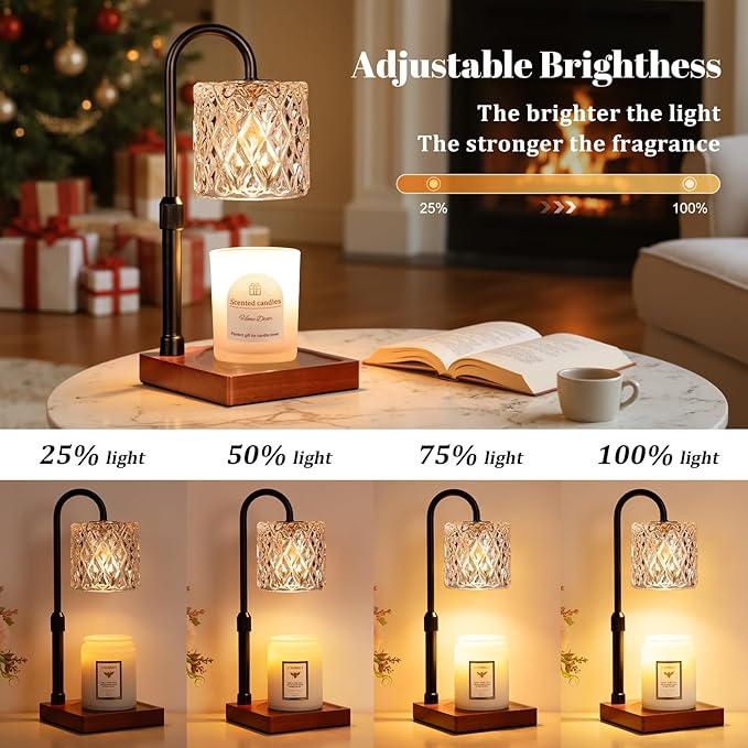Hong-in Candle Warmer Lamp with Timer -Dimmable Adjustable Height Wax Melt Warmer for Jar Candles,Vintage Home Decor with Elegant Amber Glass,Birthday Gifts for Women, Mom, Friend