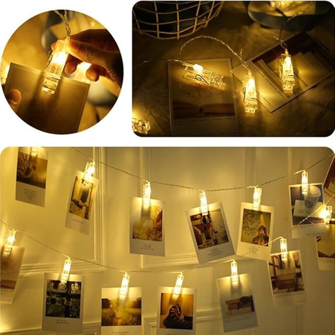 Decute 50LED Photo Clips String Lights Holder Timer Function 8 Modes Dimmable with Remote, 17FT Fairy Starry Lights for Christmas Card Bedroom Wedding Party Hanging Photos Pictures Memos, Warm White
