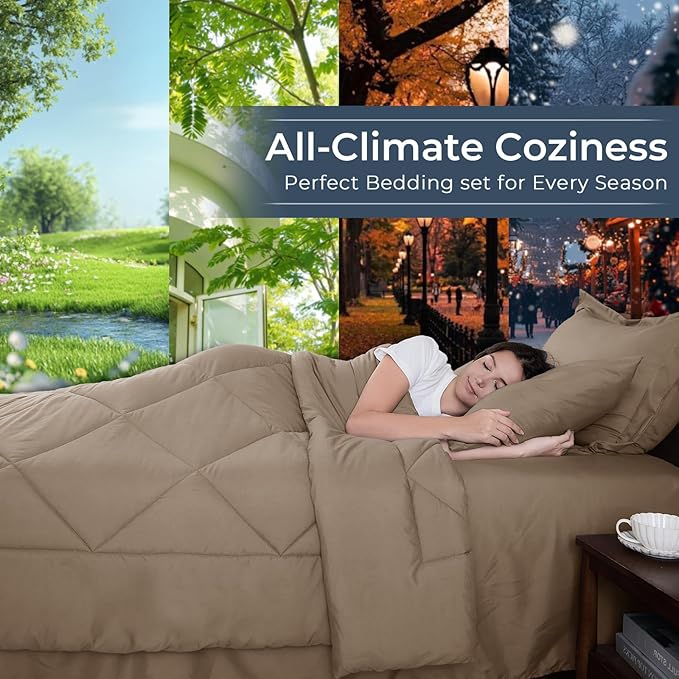 HEVUMYI Linen Queen Comforter Set - 7-Piece All Season Bed in a Bag Queen, Ultra Soft Bedding Set with Comforter, Flat Sheet, Fitted Sheet, Pillowcases, Pillow Shams