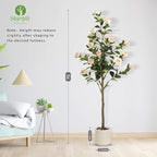 5FT Artificial Camellia Tree with White Planter & Pebbles,Faux Flower Tree with Lifelike Leaves and Realistic Trunk,Tall Fake Potted Plant for Home Decor Indoor Outdoor. (White, 5FT)