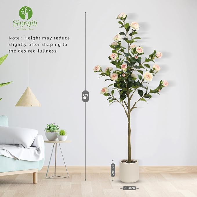 5FT Artificial Camellia Tree with White Planter & Pebbles,Faux Flower Tree with Lifelike Leaves and Realistic Trunk,Tall Fake Potted Plant for Home Decor Indoor Outdoor. (White, 5FT)
