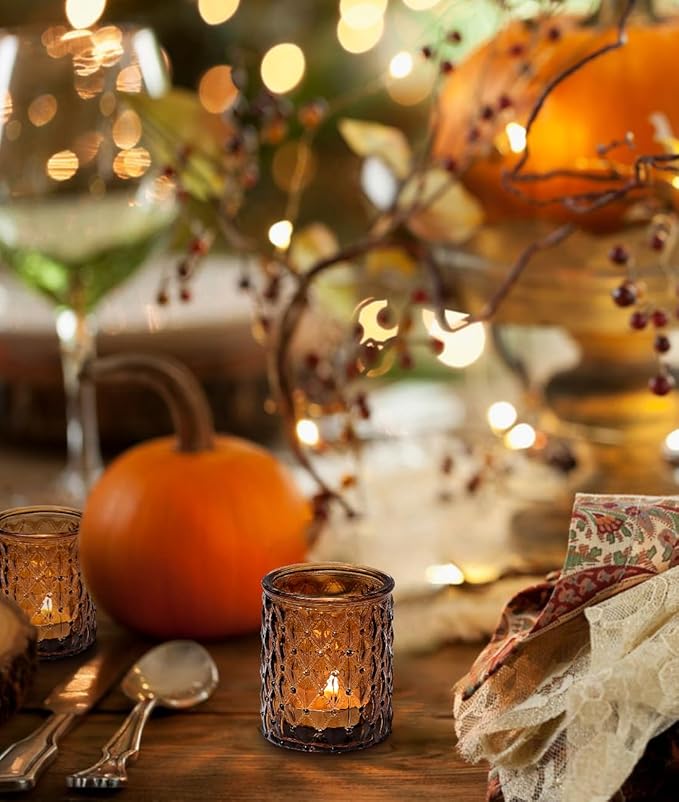 36 Pack Amber Votive Candle Holders, Glass Tea Lights Candle Holder for Boho Wedding Decor,Amber Candle Holders for Home Decor Gift Fall Wedding Christmas, Thanksgiving Party Table