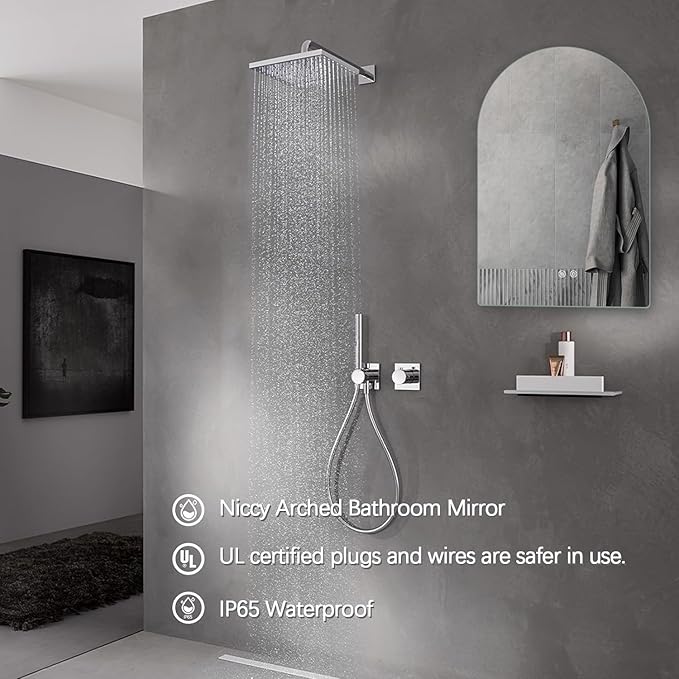 Niccy Arched LED Bathroom Mirror, 40x30 Inch Arch Frameless Backlit Mirrors for Wall Arched Lighted Vanity Mirrors Defogger and 3 Color, Explosion-Proof, HD Glass and IP65 Waterproof